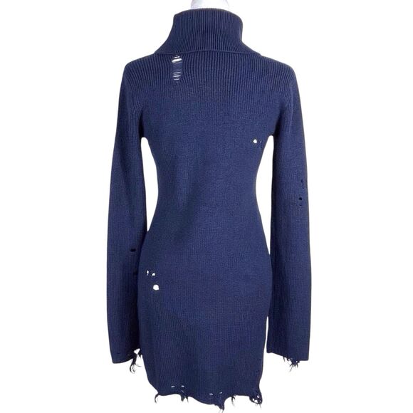 NWT LOVERS & FRIENDS Keeney Distressed Sweater Mini Dress Size M Navy Wool Blend - Picture 3 of 16